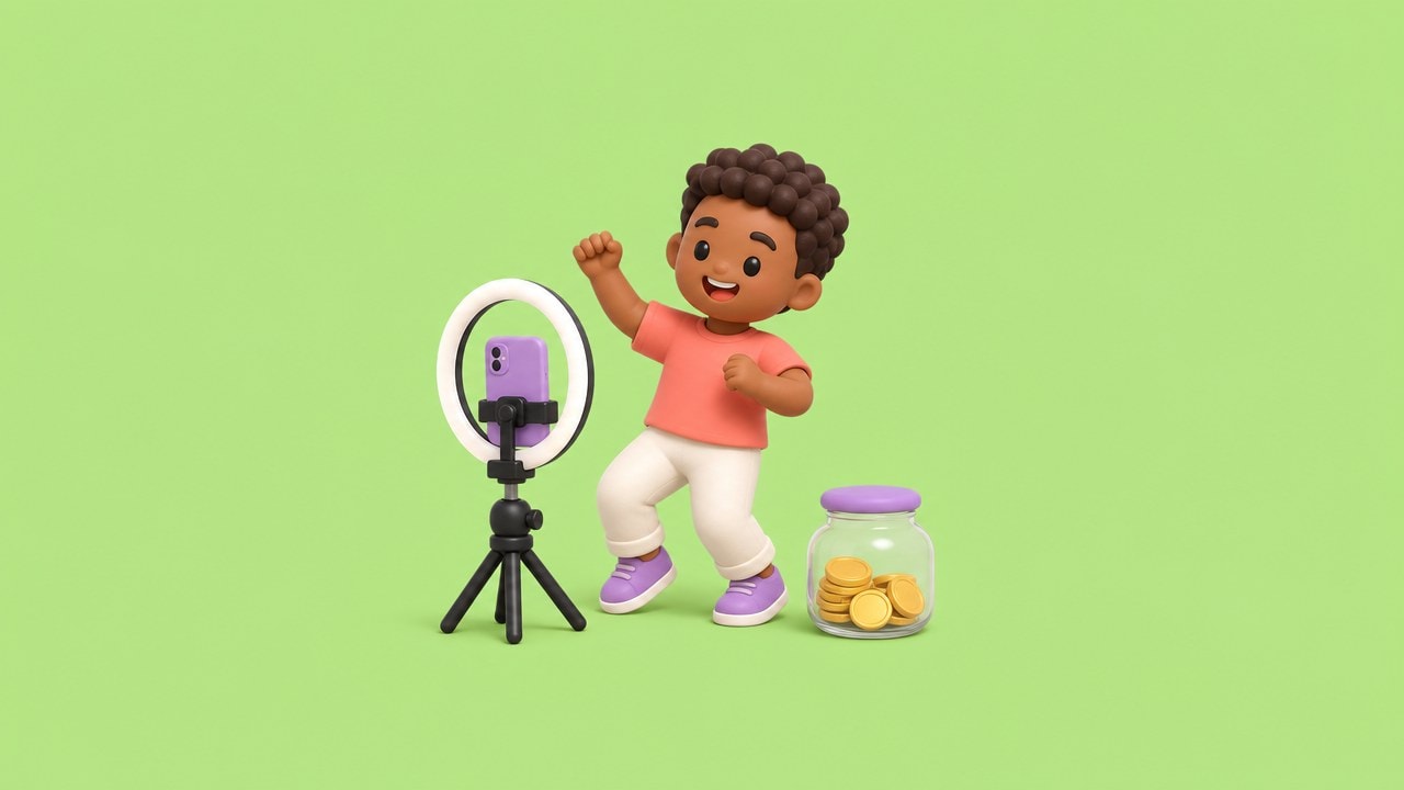 3D illustration of a creator dancing in front of a phone on a ring-light tripod, next to a jar of tip coins