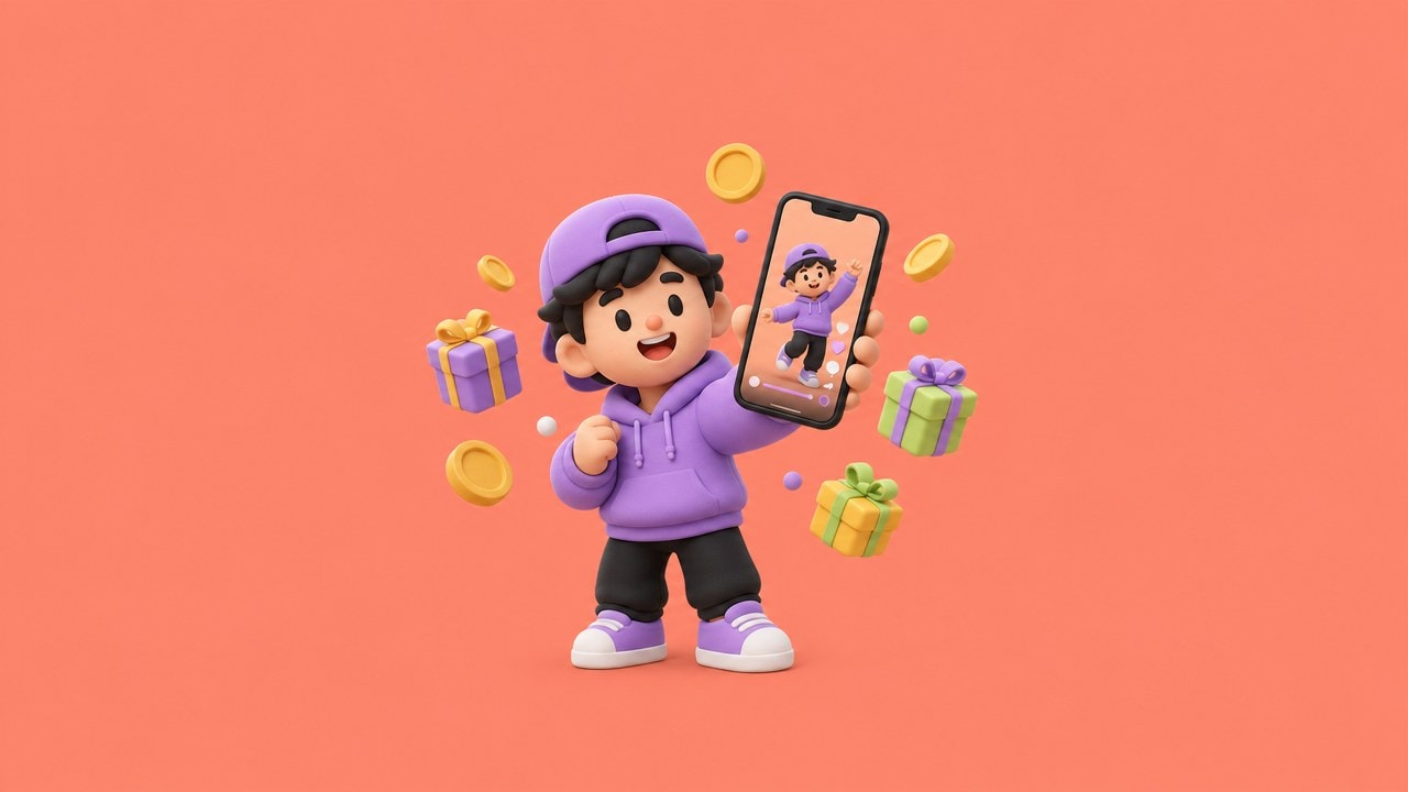3D illustration of a young creator in a purple hoodie holding up a phone that plays a short video, with coins and gift boxes floating around